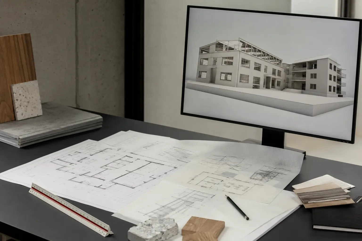 Arbeitsplatz mit Grundrissplänen und 3D-Visualisierung eines Gebäudes auf dem Bildschirm